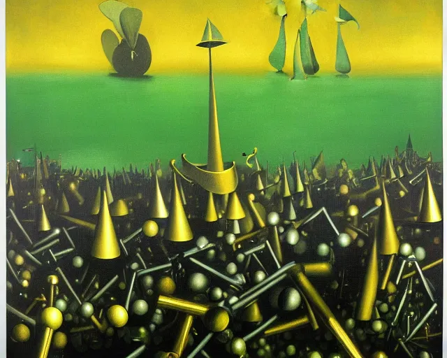 Image similar to a green, gold, and black painting by Yves Tanguy