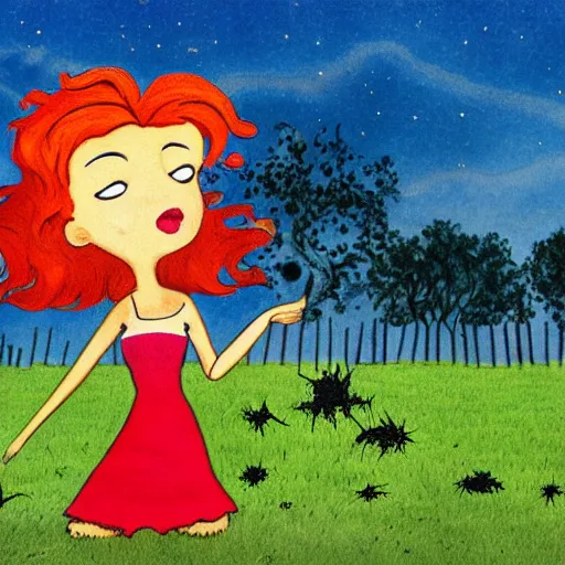 Prompt: The body art depicts a woman standing in a field of ashes, her dress billowing in the wind. Her hair is wild and her eyes are closed, and she seems to be in a trance-like state. The body art is dark and atmospheric, and the ashes in the field seem to be almost alive, swirling around. Powerpuff Girls by Richard Scarry, by Heywood Hardy unified