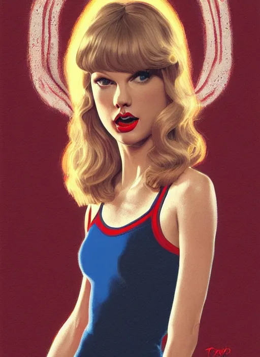 Prompt: twin peaks movie poster art, portrait of taylor swift the local cheerleader, from scene from twin peaks, clean, simple illustration, nostalgic, domestic, highly detailed, digital painting, artstation, concept art, smooth, sharp focus, illustration, artgerm, donato giancola, joseph christian leyendecker, wlop