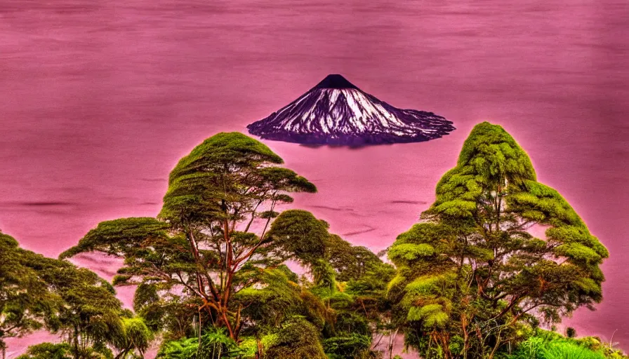 Image similar to a beautiful green scene, guatemalan lake full of water, volcano in background, high definition, beautiful award winning photography, 8 k.