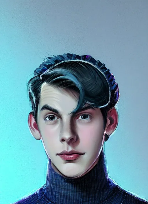 Image similar to portrait of teenage jughead jones wearing a light grey crown, crown, blue turtleneck, 1 9 5 0 s, closed eyes, photorealistic, black hair, glowing lighting, intricate, elegant, glowing lights, highly detailed, digital painting, artstation, concept art, smooth, sharp focus, illustration, art by wlop, mars ravelo and greg rutkowski