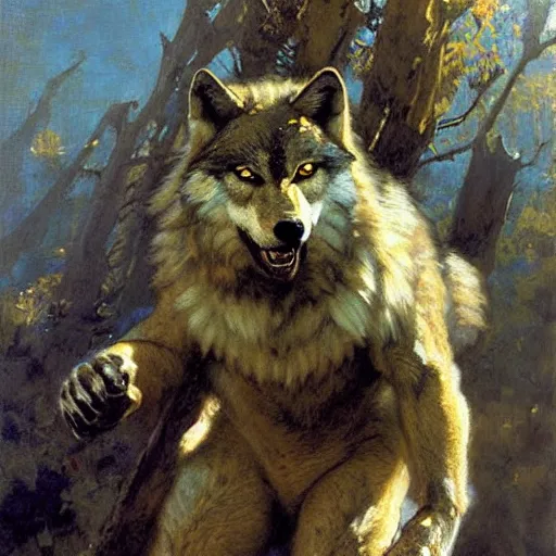 Prompt: a portrait of a furry wolf wearing clothes, hairy, furry body, furry arms, feet, tail. highly detailed painting by gaston bussiere, craig mullins, j. c. leyendecker, furry