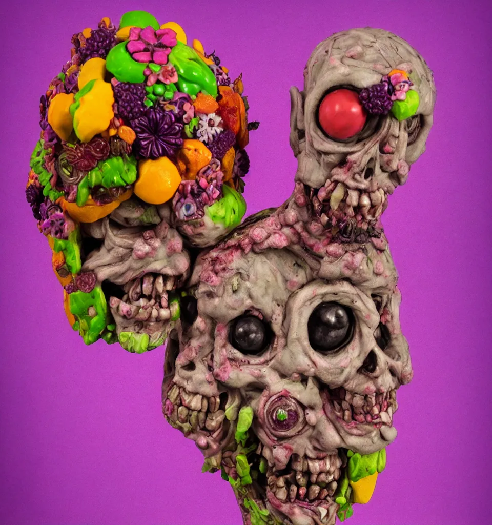 Prompt: portrait headshot of a zombie punk, head made of fruit and flowers in the style of arcimboldo, glenn fabry, photorealistic, dynamic lighting, action figure, clay sculpture, claymation, pink and purple splotchy background