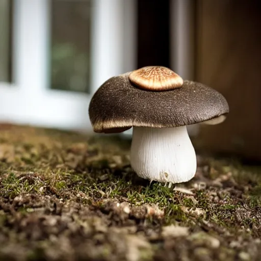 Prompt: a small domestic house cat with a mushroom growing atop its head