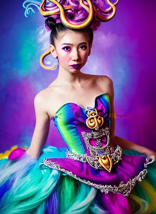 Prompt: A full body shot of a cute and mischievous monster princess with Sailor Moon hair made of tentacles wearing an ornate ball gown covered in jewels. Dynamic Pose. Quinceanera dress. Rainbow palette. rainbowcore. Eldritch Beauty. defined facial features, symmetrical facial features. Opalescent surface. beautiful lighting. By Giger and Ruan Jia and Artgerm and WLOP and William-Adolphe Bouguereau. Photo real. Hyper-real. Photorealism. Fantasy Illustration. Sailor Moon hair. Masterpiece. trending on artstation, featured on pixiv, award winning, cinematic composition, dramatic pose, sharp, details, Hyper-detailed, HD, HDR, 4K, 8K.