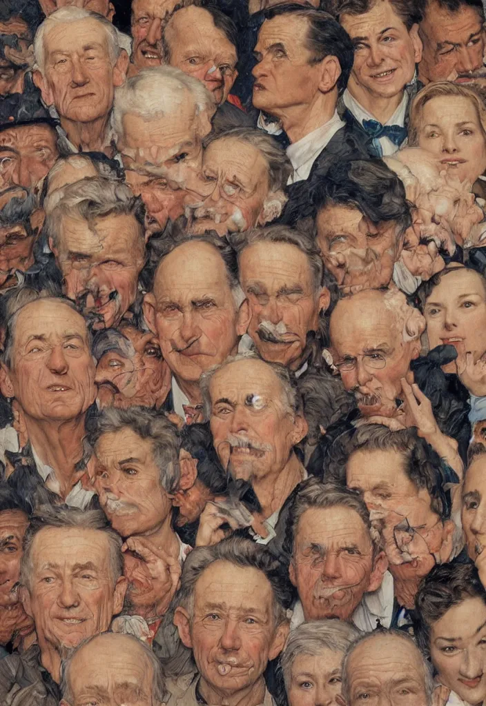 Prompt: small group of people, men and women, close - up of the faces, anatomically and proportionally correct : : oil painting by james jean, norman rockwell, milo manara and james gurney, intricate and detailed, photorealism, cgsociety