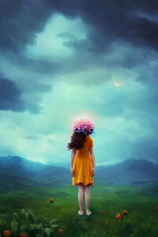 Image similar to closeup giant dahlia flower over head, girl standing on mountain, surreal photography, blue storm clouds, dramatic light, impressionist painting, digital painting, artstation, simon stalenhag