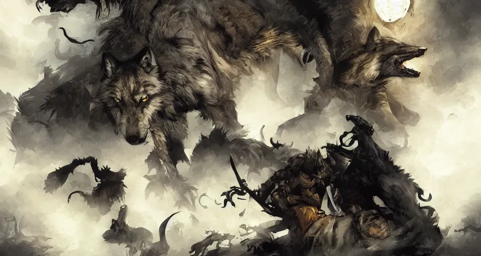 Prompt: WOLVES AND THEIR TREASURES digital painting By Travis Charest, James Gurney, and Ashley Wood. dramatic lighting. Magic the gathering style.