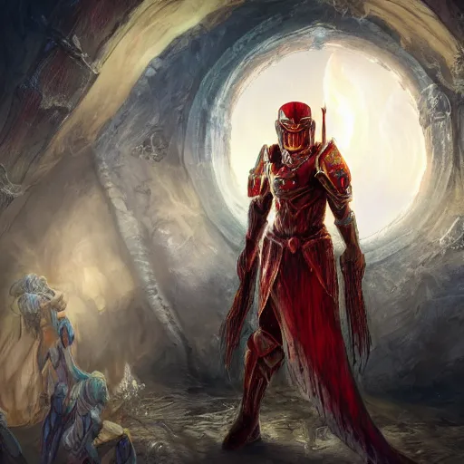 Prompt: blood knight, glowing halo, fantasy art, located in a castle, morning sunlight through the window, decorated, high quality, highly detailed, 4 k