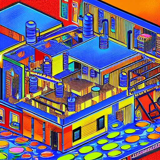 Image similar to cross-section of a complex zorkmid factory, detailed and colorful digital art in the wimmelbilder style