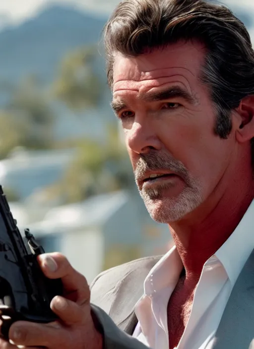 Prompt: film still of Pierce Brosnan as Martin Riggs in Lethal Weapon, 4k