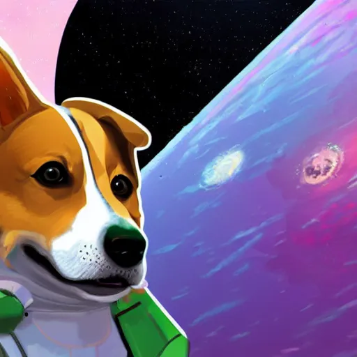 Prompt: a corgi android in space, cyberpunk, detailed digital illustration