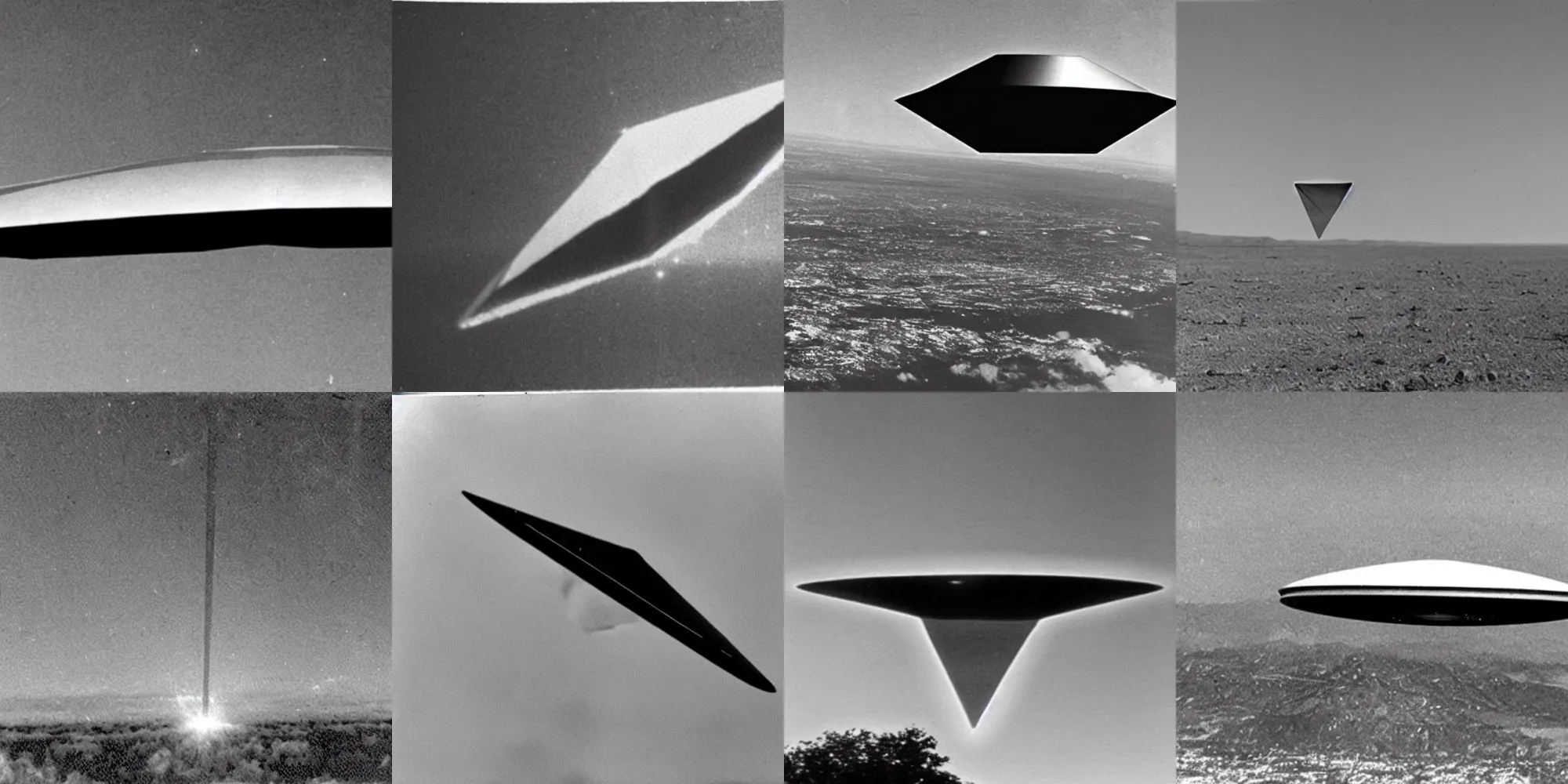 Prompt: declassified photograph of a elongated diamond shaped ufo, old black and white picture