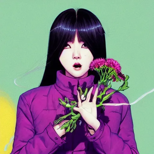 Image similar to portrait of a kpop star, smiling with flowers in hands. sharp focus, cinematic pose, cinematic lighting, unreal engine render. art by josan gonzales and moebius and deathburger.