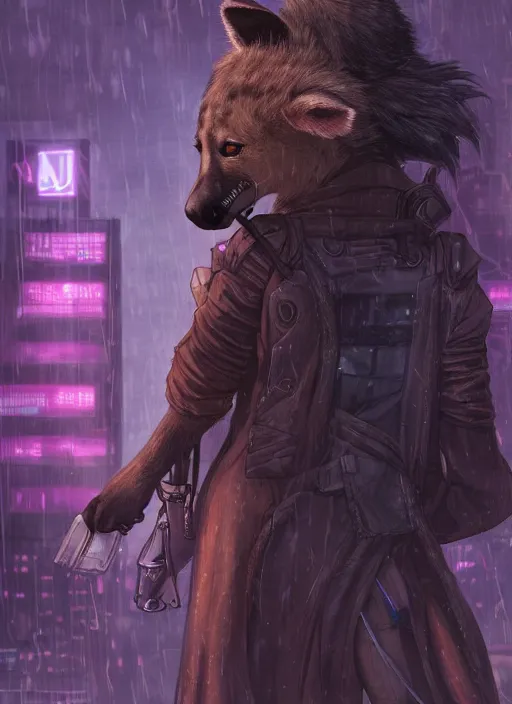 Prompt: character portrait of a female anthro hyena fursona with a cute beautiful attractive furry face and long black curly hair wearing jedi robes in a cyberpunk city at night while it rains. hidari, color page, tankoban, 4K, tone mapping, Akihiko Yoshida.