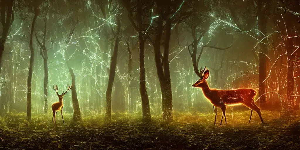 Prompt: a single deer in an ethereal electronic forest made from glowing circuits and electronics, highly detailed concept art, cinematic framing, 3 d, dark, moody, led