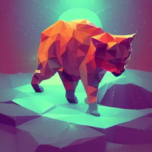Prompt: low poly cat by beeple, artstation, teal and orange color scheme, flowers, No Man's sky anton fadeev asher brown durand 8k resolution, beautiful at night, zodiac signs in the stars