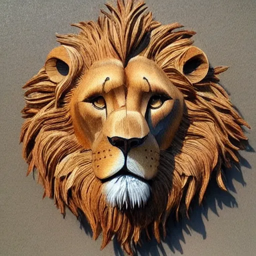 Prompt: lion made out of wood, detailed, realistic,