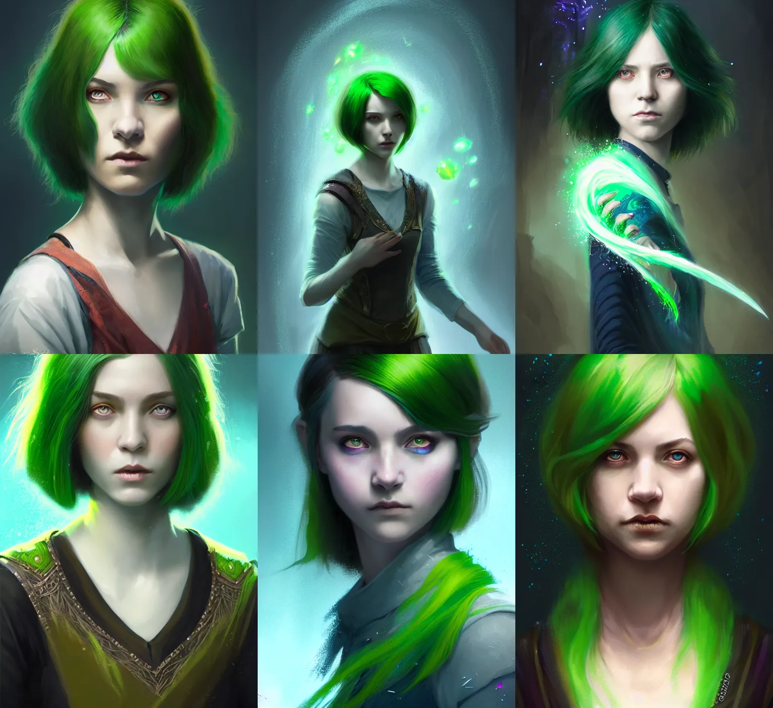 Prompt: Portrait of young female sorcerer, D&D fantasy, her hair is green and styled in a Bob Cut, magic particles fly from her hands, she has a distant expression, and is wearing a shirt and vest, intricate, highly detailed, digital painting, artstation, concept art, sharp focus, illustration, art by greg rutkowski and Ross Tran