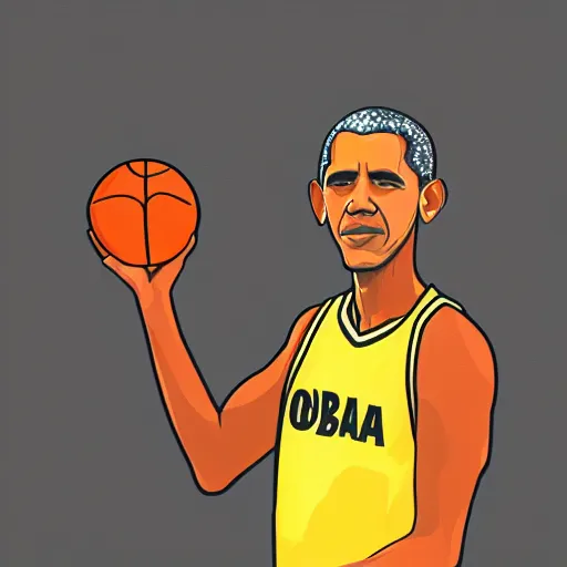 Image similar to Obama holding a basketball in his right hand in a black background, detail, 8k, digital painting, official media, illustration