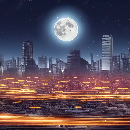 Prompt: nighttime falling over the skyline of a modern city. full moon. highly detailed, dynamic lighting, hyper realistic, as seen from a birds perspective