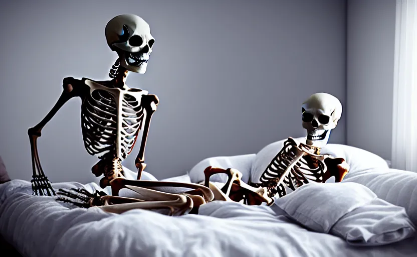 Image similar to matte oil painting of a skeleton dressed in pajamas inside of a comfy bedroom, extremely detailed, sleepy, cozy, 4 k, 8 k,