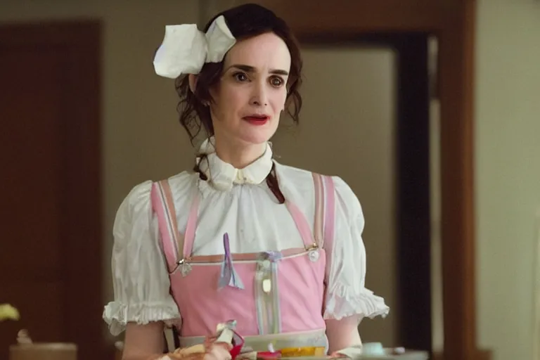 Image similar to mid-shot of winona ryder as a maid in the new movie directed by Wes Anderson, symmetrical shot, idiosyncratic, relentlessly detailed, pastel, limited colour palette, detailed face, movie still frame, promotional image, imax 70 mm footage