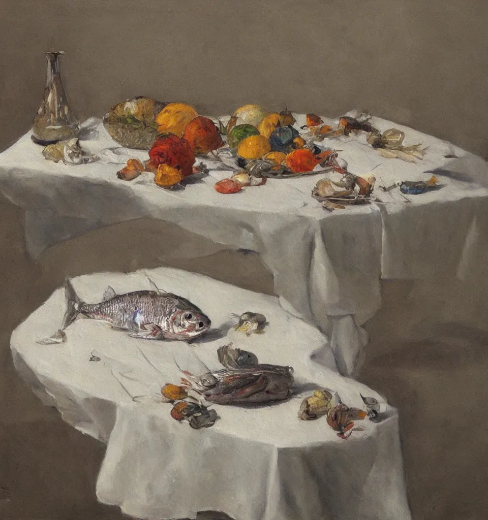 Prompt: still life painting of a fish rabbit on a white table, realistic, impressionism