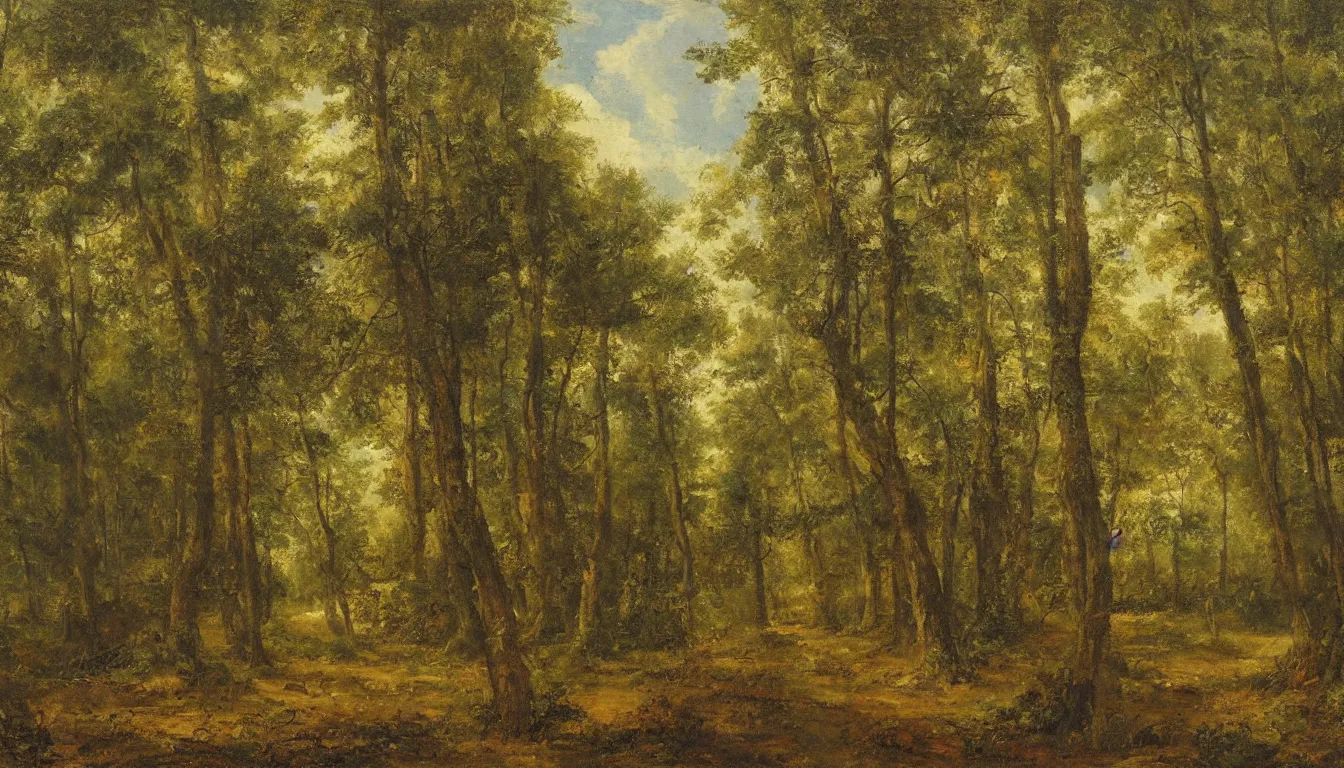 Image similar to a clearing in a forest painted by John Shroades