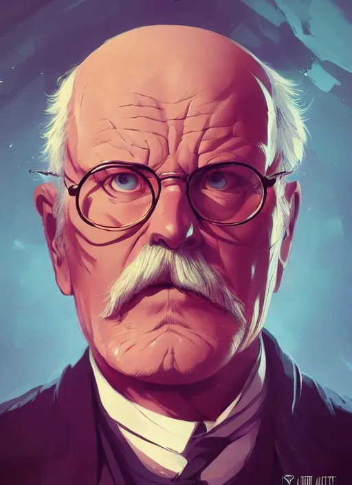 Prompt: portrait of old carl gustav jung looking serious, epic lighting, in the style of artgerm and charlie bowater and atey ghailan and mike mignola, vibrant colors and hard shadows and strong rim light, comic cover art, plain background, trending on artstation