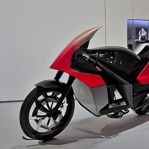 Prompt: a tesla motorcycle, prototype demo at the hall of science