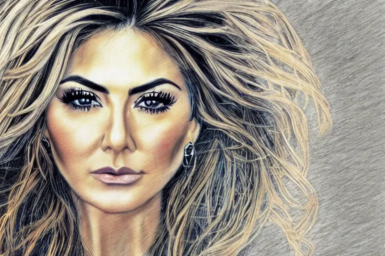 Image similar to bored look in her eyes Aracely Arambula close-up portrait looking straight on, complex artistic color pencil sketch illustration, full detail, gentle shadowing, fully immersive reflections and particle effects, chromatic aberration.