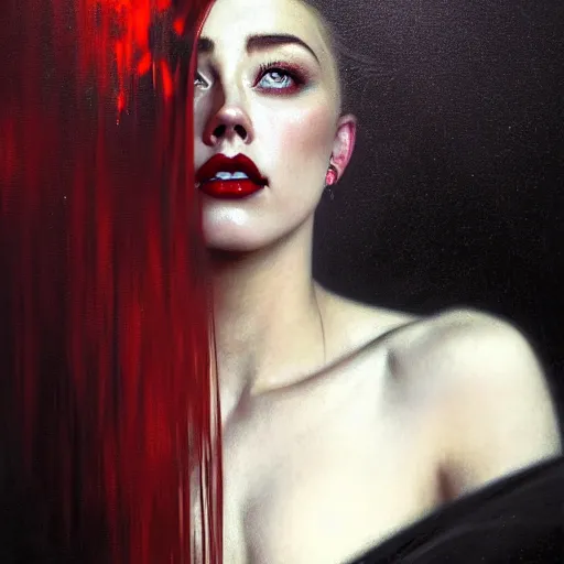 Image similar to hyperrealistic portrait of a woman as amber heard as a vampire witch in a black coat as a reflection in a window. by jeremy mann and alphonse mucha, tears, falling red petals, fantasy art, photo realistic, dynamic lighting, artstation, poster, volumetric lighting, very detailed faces, 4 k, award winning