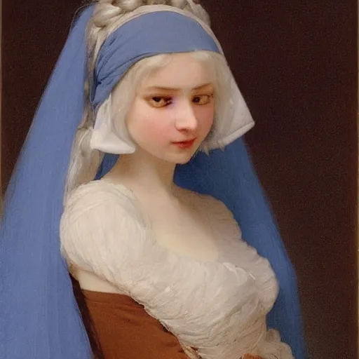 Image similar to a young woman’s face, her hair is white, she wears a long flowing blue satin veil, by ivan aivazovsky and pieter claesz and paul delaroche and alma tadema and august malmstrom and and willen claesz heda and aelbert cuyp and gerard ter borch and isaac levitan and jean giraud, fine detail, hyperrealistic, rendered in octane