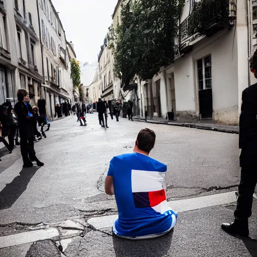 Prompt: a guy who looks like emmanuel macron urinate on a french flag in the street, 5 0 mm lens, street photography