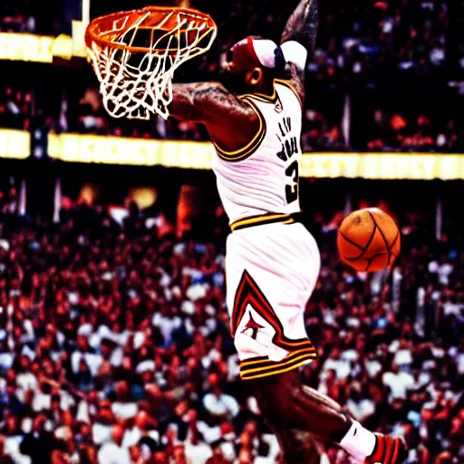 Prompt: professional nba photograph of lebron james dunking on michael jordan, award - winning photograph, highly detailed, dramatic posing, 8 k quality, high quality