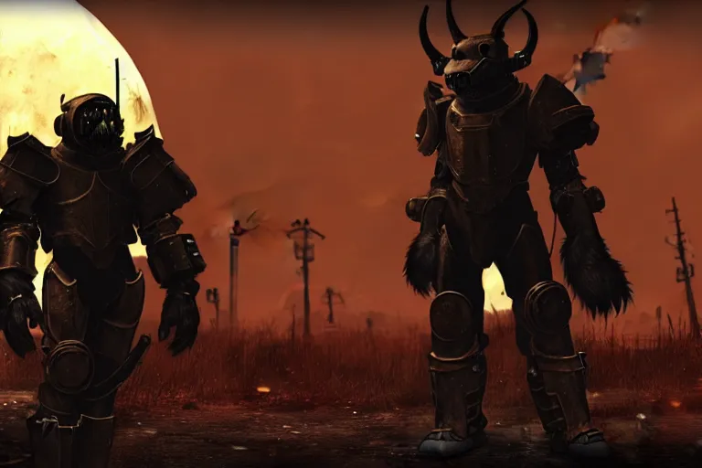 Image similar to a fursona ( from the furry fandom ), heavily armed and armored facing down armageddon in a dark and gritty version from the makers of fallout : war never changes