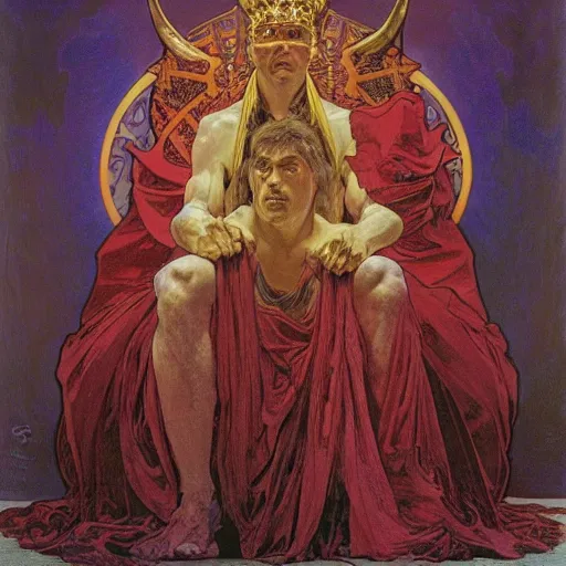 Image similar to greg davies sits on his throne as ruler of hell, oil on canvas, by alphonse mucha, gustave dore, zdzislaw beksinski