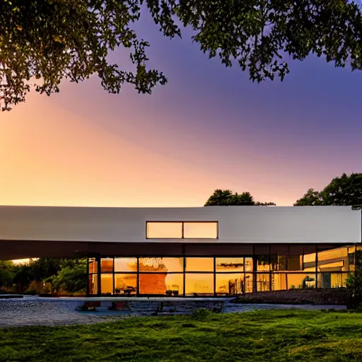 Image similar to a beautiful landscape with a singular modern house near a river at sunset in Pixar style