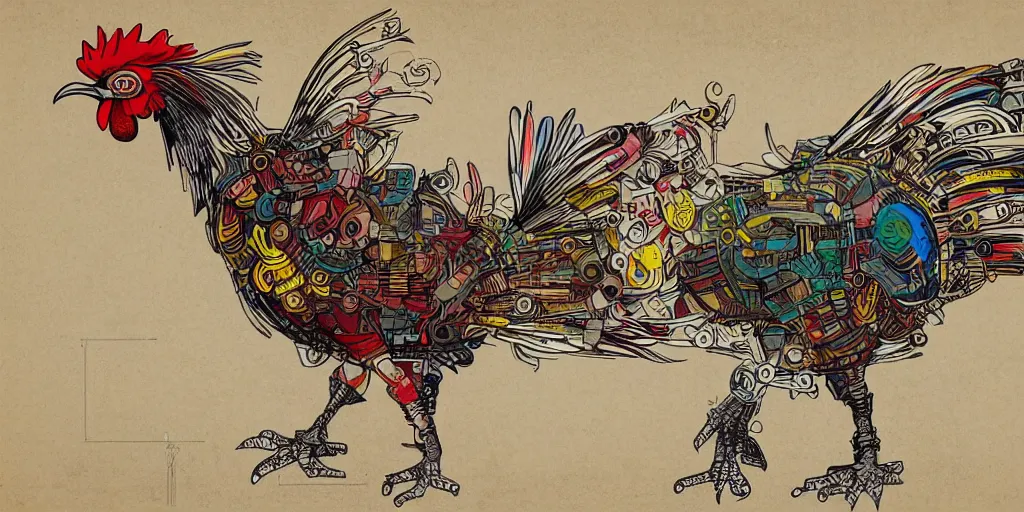 Image similar to colorful schematic of a fighting rooster made of rocket parts, schematic, dieselpunk, illustration, intricate, highly detailed