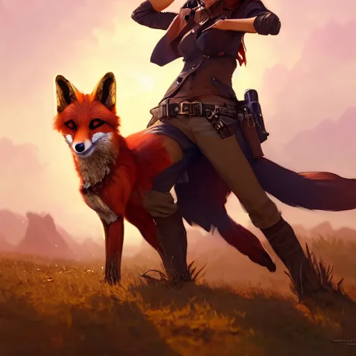 Image similar to splash art of cute feminine anthropomorphic vulpes vulpes fulva bounty huntress in the wild west, rugged clothes, motion blur, firefight, high energy action : by weta, greg rutkowski, wlop, ilya kuvshinov, rossdraws, artgerm, octane render, iridescent, bright morning, anime, liosh, mucha