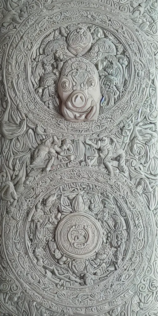 Image similar to intricate colourfully painted carved Soapstone relief paneling, white and pale blue , celestial, pig, piglet, piggy, pig goddess, mother earth, Earth Goddess mythology, Gaia, angels, divinity, Ghostly, crystaline celtic, insanly detailed , artstation, wallpaper, hyper realistic, realistic lighting