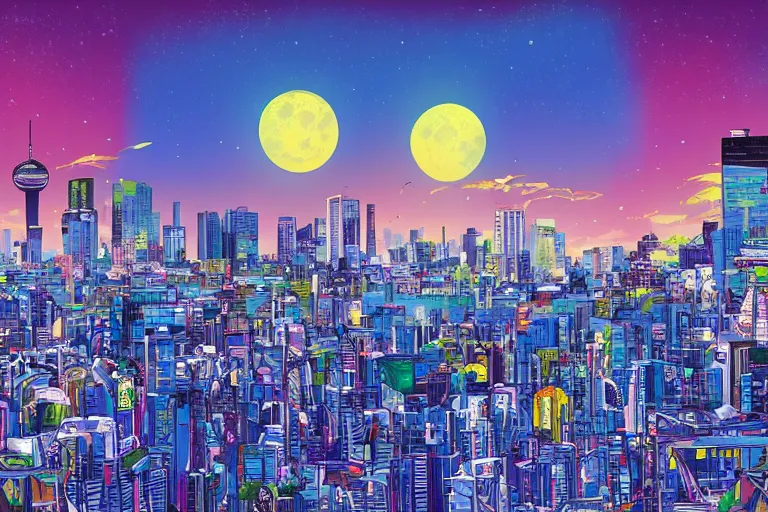 Image similar to wild cityscape, made in tokyo artstyle, colorful, there is a moon in the sky, it is daytime