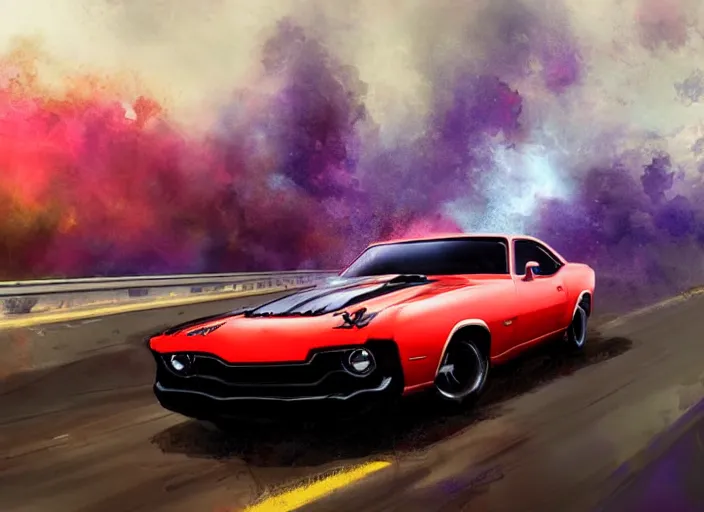 Image similar to a scary muscle car with weapons and nitrous speeding through a highway and crashing cars off the road, intense cinematic digital painting with masterful composition and brush strokes