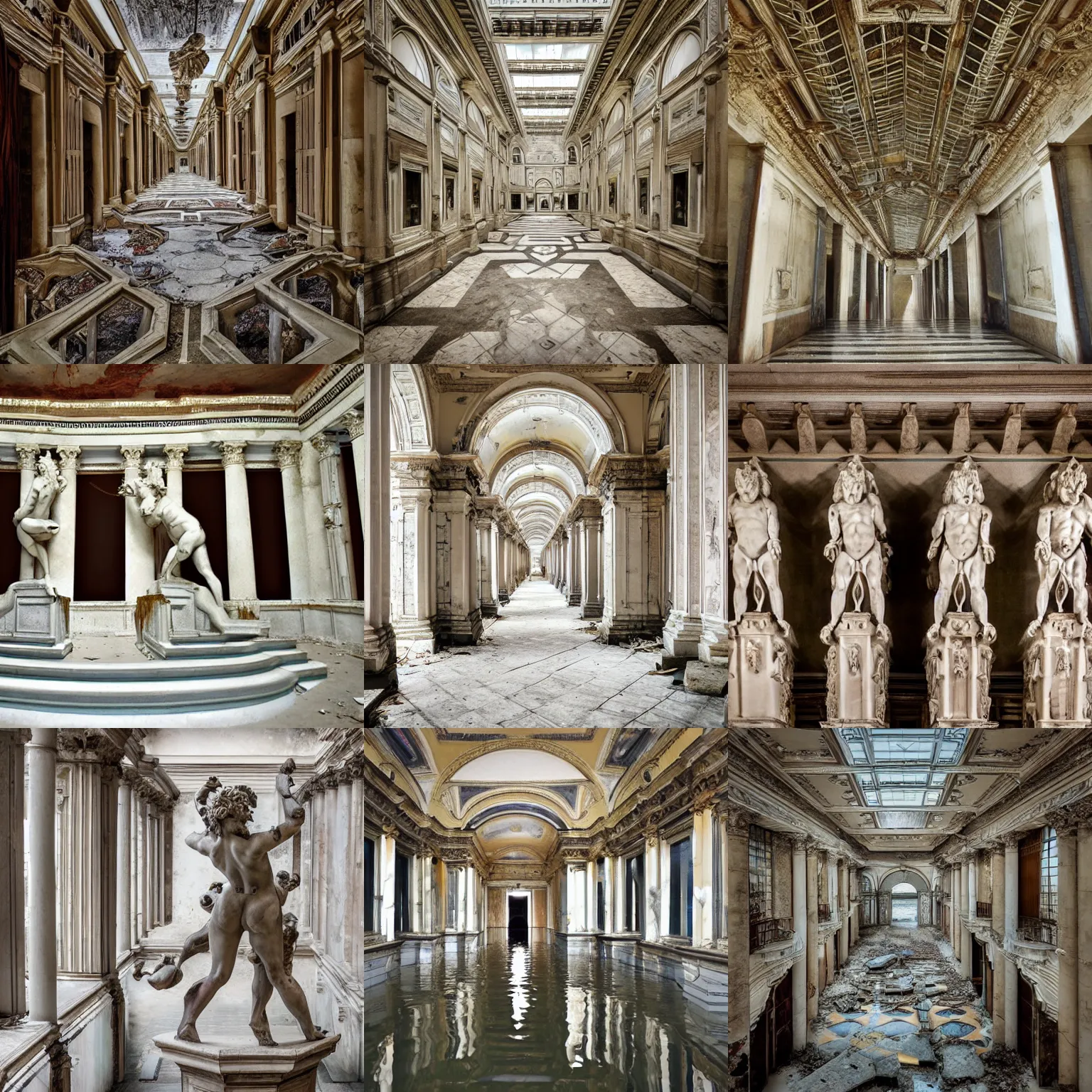 Prompt: photo piranessi symmetry of flooded vast infinite neoclassic halls and beautiful human statues myriad of huge marble staircases minotaur gods pelicans helenistic classic statues sculptures decrepit derelict abandoned - t