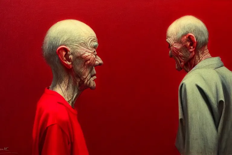 Image similar to only with red, a red old man try to sell a portrait, cheering crowd, in the style of beksinski, parts by edward hopper, parts by rodcenko, parts by yue minjun, intricate and epic composition, red by caravaggio, insanely quality, highly detailed, masterpiece, red light, artstation, 4 k