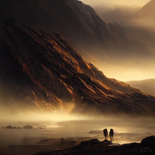 Prompt: a vast, black, rocky, desolate mountain range, mysterious atmospheric lighting, painted, intricate, volumetric lighting, rich deep colours masterpiece, golden hour, sharp focus, ultra detailed, by ruan jia and greg rutkowski