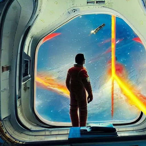 Prompt: An Indian Astronaut watching a Black Hole outside the window of his spaceship with the spaceship interiors being filled with vibrant colours in the style of Greg Rutkowski and Thomas Kinkade in an experimental manner