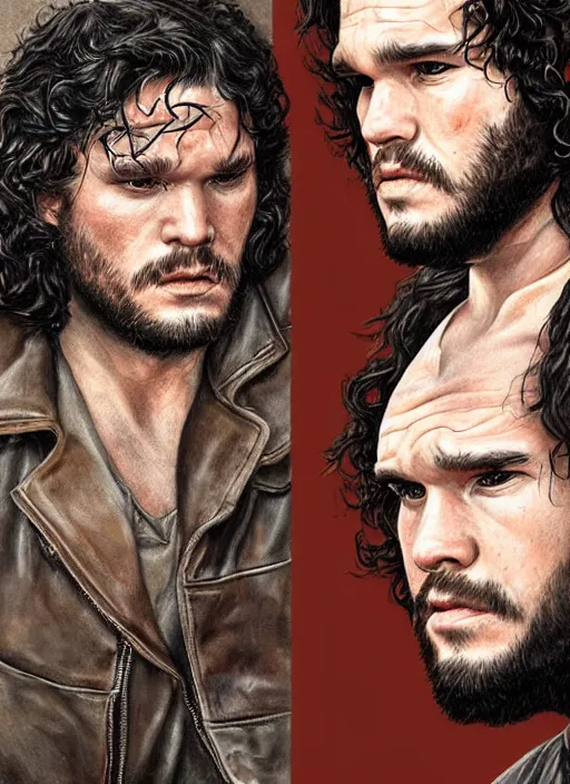 Image similar to portrait of kit harrington, gritty, dark, wearing a leather jacket, hairy chest, very detailed eyes, hyperrealistic, very detailed painting by Glenn Fabry, by Joao Ruas, by Artgerm