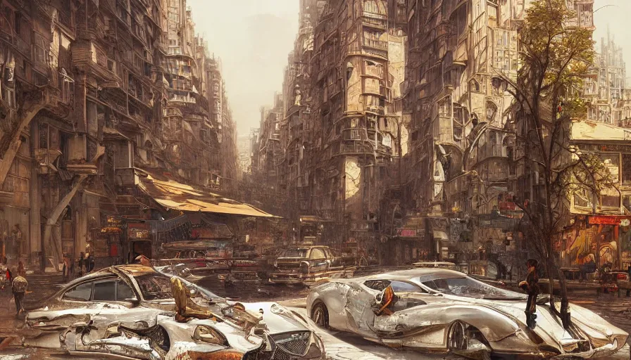 Image similar to Ultra realistic illustration of a crumbling modern city street, intricate, elegant, highly detailed, digital painting, artstation, concept art, smooth, sharp focus, illustration, art by artgerm and greg rutkowski and alphonse mucha